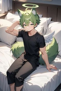 a man sitting on top of a bed with an angel halo above his head and green hair