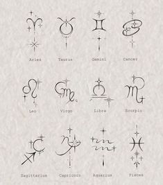 the zodiac symbols are drawn in different styles and sizes, including one for each sign