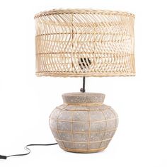 KITHIRA TABLE LAMP | NATURAL + CONCRETE - Green Design Gallery Concrete Table Lamp, Grey Lamp, Electrical Fittings, Rattan Table, Concrete Table, Shape Matching, Table Bar, Electrical Supplies, Bedside Lamp