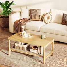 a living room with a couch, coffee table and potted plant on the floor