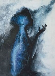 a painting of a woman holding her hand up in the air with lightning coming from behind