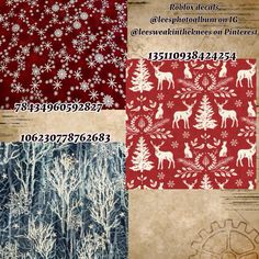 four different types of fabric with snowflakes and deers on them in various colors