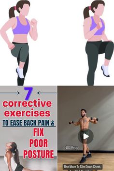 a woman doing exercises with the text 7 correct exercises to ease back pain and fix poor posture