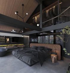 a large bed sitting in the middle of a bedroom next to a tall wooden ceiling