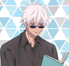 a man with white hair and sunglasses holding a book in front of a blue background