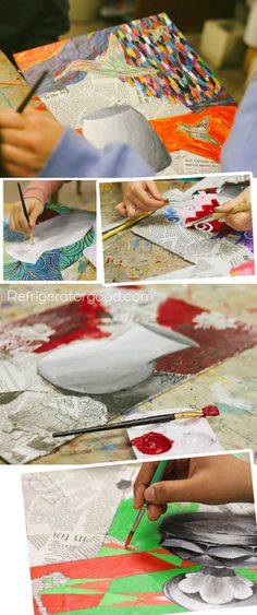 collage of photos showing the process of making paper plates with scissors and paintbrushes