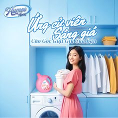 a woman is holding a bucket in front of a washer and dryer machine