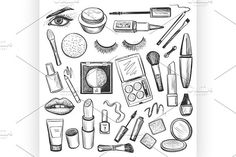 an assortment of cosmetics and makeup products on a white background stock photo - 78978