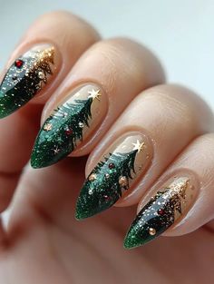 24 Xmas Nail Design Ideas For Christmas In 2024 Harry Potter Christmas Nail Art, December Nail Ideas Green, Christmas Tree Nail Art Designs, Forest Fairy Nails, Christmas Tree Nails Designs, Xmas Tree Nails, Christmas 2024 Nails