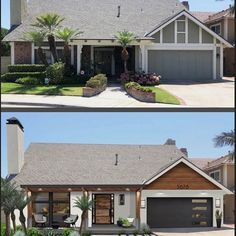 before and after photos of a house in the middle of two different pictures, one has a garage