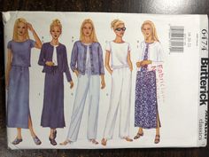 three women's dresses and one woman's jacket are shown in this sewing pattern