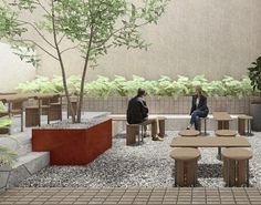 two people are sitting on benches in the middle of an outdoor area with trees and plants