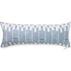 a blue and white striped pillow on a white background with an orange stripe down the middle