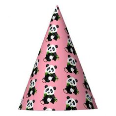 a pink party hat with pandas on it