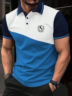 Multicolor Casual Collar manga corta Tela Animal,Color combinado,Letras  Embellished Elástico Ligero Verano Polo Tshirt Men Outfit, Polo Tshirt Men, Corporate Uniforms, Men Plus Size, Shirt Short Sleeve