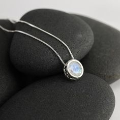 Moonstone solitaire necklace with genuine moonstone in sterling silver, gemstone necklace Moonstone Round Necklace For Anniversary, Moonstone Round Pendant Jewelry For Anniversary, Sterling Silver Gemstone Necklace, Slider Necklace, Solitaire Necklace, Solitaire Necklaces, Birthstone Gifts, Green Peridot, Recycled Silver