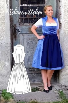 Sewing pattern for dirndls to sew yourself. As an e-book (PDF download) in size DIN A4 to print out yourself. With detailed step-by-step and picture-by-picture sewing instructions, on 60 pages with over 200 pictures. The Snow White model is a modern interpretation of a dirndl with a deep neckline and a Snow White collar. A wide skirt with pleats, the skirt length of 70 cm is variable. The zipper is located in the center front. There is now also the option of sewing the dirndl in the classic way with a button placket. The side seams are processed to be easy to make changes. The apron is lined in multiple rows with wide apron straps. Choose YOUR fabrics - traditional, classic, modern, crazy Despite the very detailed instructions, a dirndl is **not a beginner's sewing project**. You should ha Dirndl Pattern, Dirndl Dress, Apron Designs, Sewing Dresses, Traditional Dresses, Designs To Draw, Skirt Length