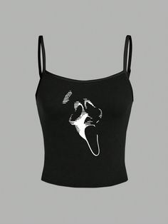 Negro Casual Collar  Tela tejida Animal,Figuras Tirantes Embellished Elástico Ligero Black Y2k Shirt, Gothic Crop Tops, Grunge Tops, Cute Black Shirts, Alt Clothes, Streetwear Tops, Cute Comfy Outfits, Black Tank Top