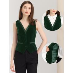 Pair with the solid color blouse or ruffle neck shirt for a casual business style. In this vintage solid color velvet fabric design, this vest is classic and timeless for your daily outfits. Classic OL style, fit for office and other formal occasions. Retro contrast satin with velvet can show your elegance and more charming, making you look more and more capable. Elegant Green Vest For Formal Occasions, Elegant Green Formal Vest, Formal Vest Top For Fall, Elegant Fitted Green Vest, Elegant Solid Vest For Work, Green Sleeveless Formal Vest, Elegant Green Vest Top, Elegant Green Workwear Vest, Velvet Waistcoat