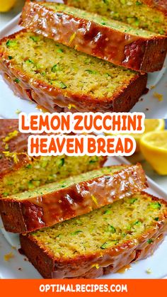 lemon zucchini bread on a white plate with two slices cut out and the title overlay reads, lemon zucchini heaven bread