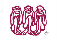 three monkeys in red ink on white paper