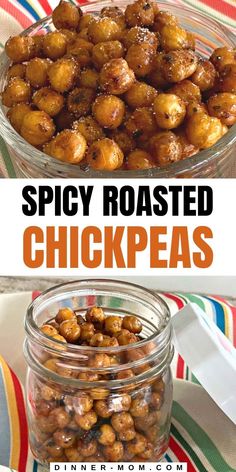 two pictures with the words spicy roasted chickpeas in front of them and an image of