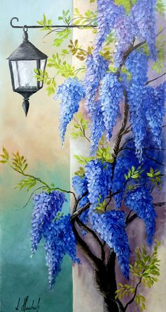 a painting of a tree with blue flowers and a lantern hanging from it's side