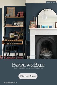 an image of a living room with blue walls and fireplace in the center, surrounded by bookshelves