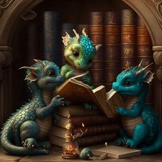 two blue dragon sitting on top of a pile of books