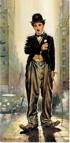 a painting of a boy in a top hat and cane standing on a city street