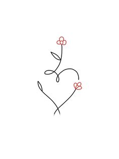 the outline of a heart with flowers on it is drawn in black and red ink