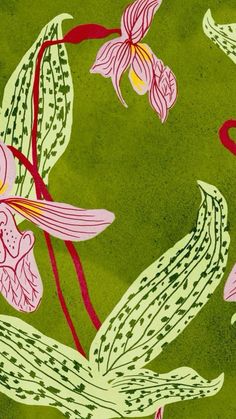 a painting of pink and green flowers on a green background