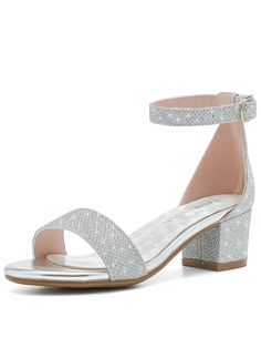 Glitter Silver Casual,Dressy Collar   Plain  Embellished   Kids Shoes Synthetic Sandals With Round Toe For Prom, Synthetic Round Toe Sandals For Prom, Glitter Round Toe Sandals For Prom, Summer Glitter Sandals With Low Heel, Glitter Synthetic Sandals For Prom, Spring Glitter Ankle Strap Sandals, Spring Ankle Strap Sandals With Glitter, Kids Heels, Chunky Pumps