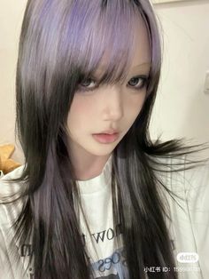 Asymmetrical Hair Dye, Purple Roots Hair, Root Hair Dye, Dyed Roots On Black Hair, Colored Roots With Black Hair, Pigeon Hair, Japanese Hair Dye, Asian Hair Dye, Unique Hair Color