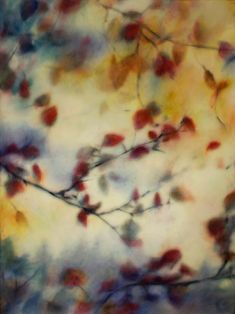 an abstract painting of leaves on a tree branch