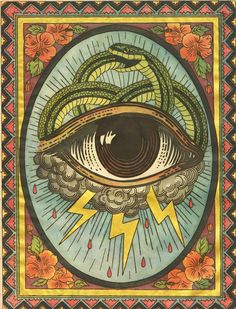 an eye with lightning coming out of it, surrounded by snakes and flowers on a blue background