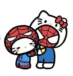 hello kitty and spiderman hugging each other