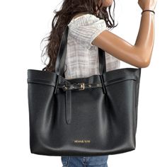 New With Tag Michael Kors Emilia Large East West Shoulder Tote Bag Pebbled Leather Black Bisque Interior Color 100% Authentic Retail: $558.00 Plus Tax **The Model Is 5'11" And Size 2** **Please See The Measurement For The Size** No Dust Bag Michael Kors Logo At Front Gold Toned Hardware Snaptop Closure For Outer Compartment Custom Fabric Lining Center Zip Compartment 1 Zipper Pocket 2 Slip-In Pocket 16.75"(Top) 13"(Bottom) (L)X 11.5"(H) X 6"(D) Straps: 11" Very Clean, Smoke-Free And Pet-Free Env Michael Kors Work Bags With Removable Pouch, Michael Kors Workwear Tote Bag, Michael Kors Bag With Removable Pouch For Work, Michael Kors Double Handle Shoulder Bag For Work, Michael Kors Shoulder Bag With Double Handle For Work, Michael Kors Double Handle Work Bag, Michael Kors Satchel Bag For Work, Everyday Michael Kors Satchel, Michael Kors Black Shoulder Bag For Work