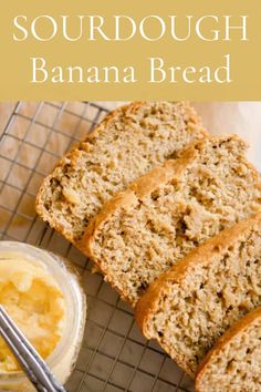 sliced banana bread on a cooling rack with butter