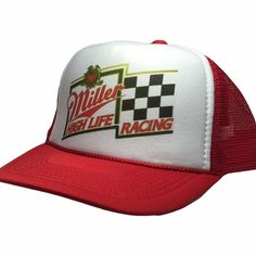 Miller High Life Racing Trucker Hat Mesh Hat vintage snapback hat adjustable unworn Vintage style trucker hat This is a Trucker hat mesh hat, it has an adjustable snapback so it fits most people 100% Polyester Front 100% Nylon Mesh Back 5-panel cap Seamless Foam Front Panel with Lining 8 Rows Stitching on Visor Matching Fabric Under visor Adjustable Plastic Snap Red Retro Trucker Hat With Short Brim, Retro Red Baseball Cap For Outdoor, Red Trucker Hat One Size Fits Most, Vintage Red Snapback Hat For Outdoor, Retro Red Hat For Outdoor, Vintage Red Outdoor Hat, Red Vintage Outdoor Hat, Vintage Red Trucker Hat For Outdoor, Red Trucker Hat One Size