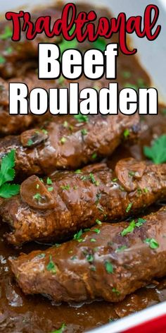 beef rouladen in a red bowl with parsley garnish on top