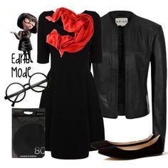 a woman in black dress and jacket with red scarf on her neck, shoes and handbag