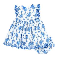 New Silhouette! All eyes are on our new to the collection Baby Girls Cynthia Dress Set in Blue Eyelet. A swirling true blue embroidered floral pops against a crisp white ground to make this extra special frock sing. Perfect for birthday parties, or even a special night out, this dress will become an immediate heirloom. The scalloped hem and sleeves and charming ruffle neck detail add to the classic style. A matching diaper cover with fixed blue satin bow at the waist rounds out the look. Layer with our Baby Girls Constance Sweater in Crystal Blue for a complete look. Blue China, Diaper Cover, Blue Satin, Baby Sets