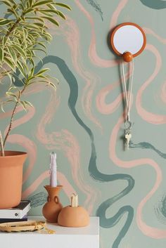 a potted plant sitting on top of a table next to a wall mounted mirror