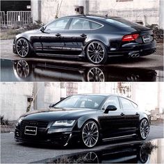 two different views of a black car in front of a building and the other side shows it's reflection