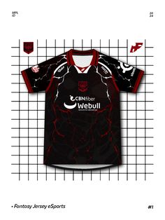 the front and back of a black shirt with red lightning on it, against a grid background