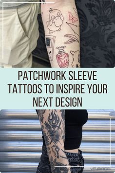 a woman with tattoos on her arm and the words, patchwork sleeve tattoos to inspire your next design