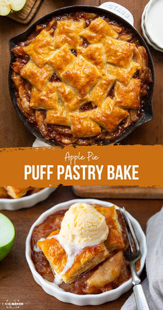 apple pie puff pastry bake with ice cream on top