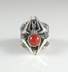 Sterling silver tufa cast spider ring, with natural Mediterranean Coral, handmade by Navajo artist Kevin Yazzie. Spider Ring, Silver Turquoise Jewelry, Native American Rings, Wide Band Ring, Native American Artists, Deep Red Color, Bead Work Jewelry, Rare Gems