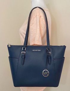 #ad Great shopping ideas for Michael Kors Charlotte East West Top Zip Navy Saffiano Leather Shoulder Tote, Fashion Women's Bags Mk Logo, Zip Tote, Drop Top, Pocket Top, East West, Shoulder Tote, Silver Hardware, Fashion Bags, Bags Handbags